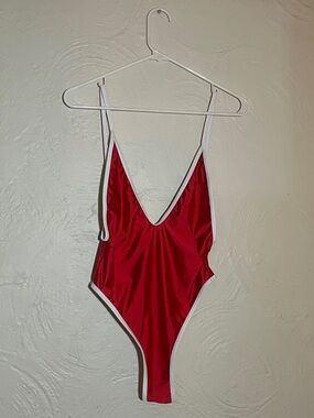 Red V-Neck One-Piece Swimsuit with White Trim
